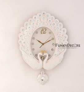 Funkytradition Pearl White Peacock Pendulum Wall Clock Watch Decor For Home Office And Gifts 55 Cm