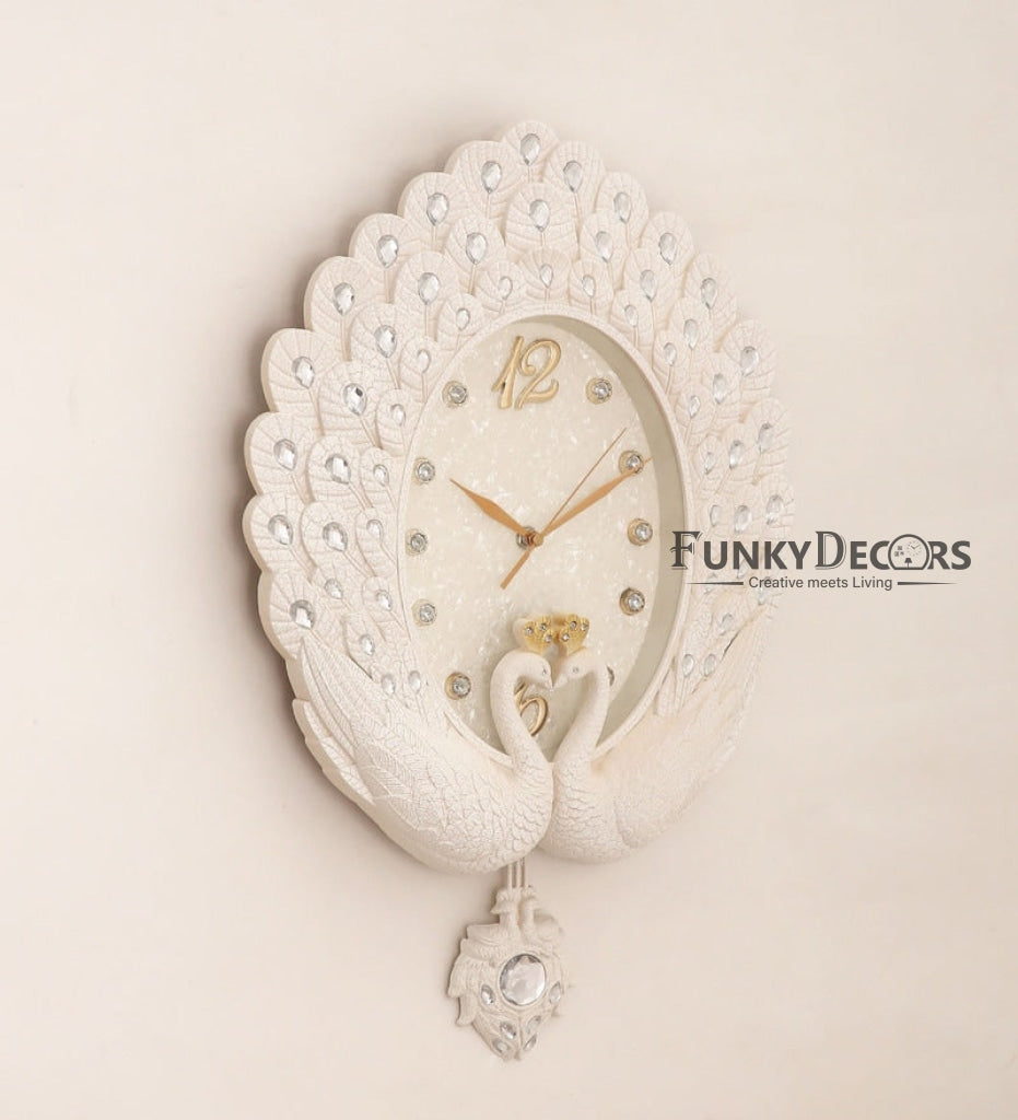 Funkytradition Pearl White Peacock Pendulum Wall Clock Watch Decor For Home Office And Gifts 55 Cm