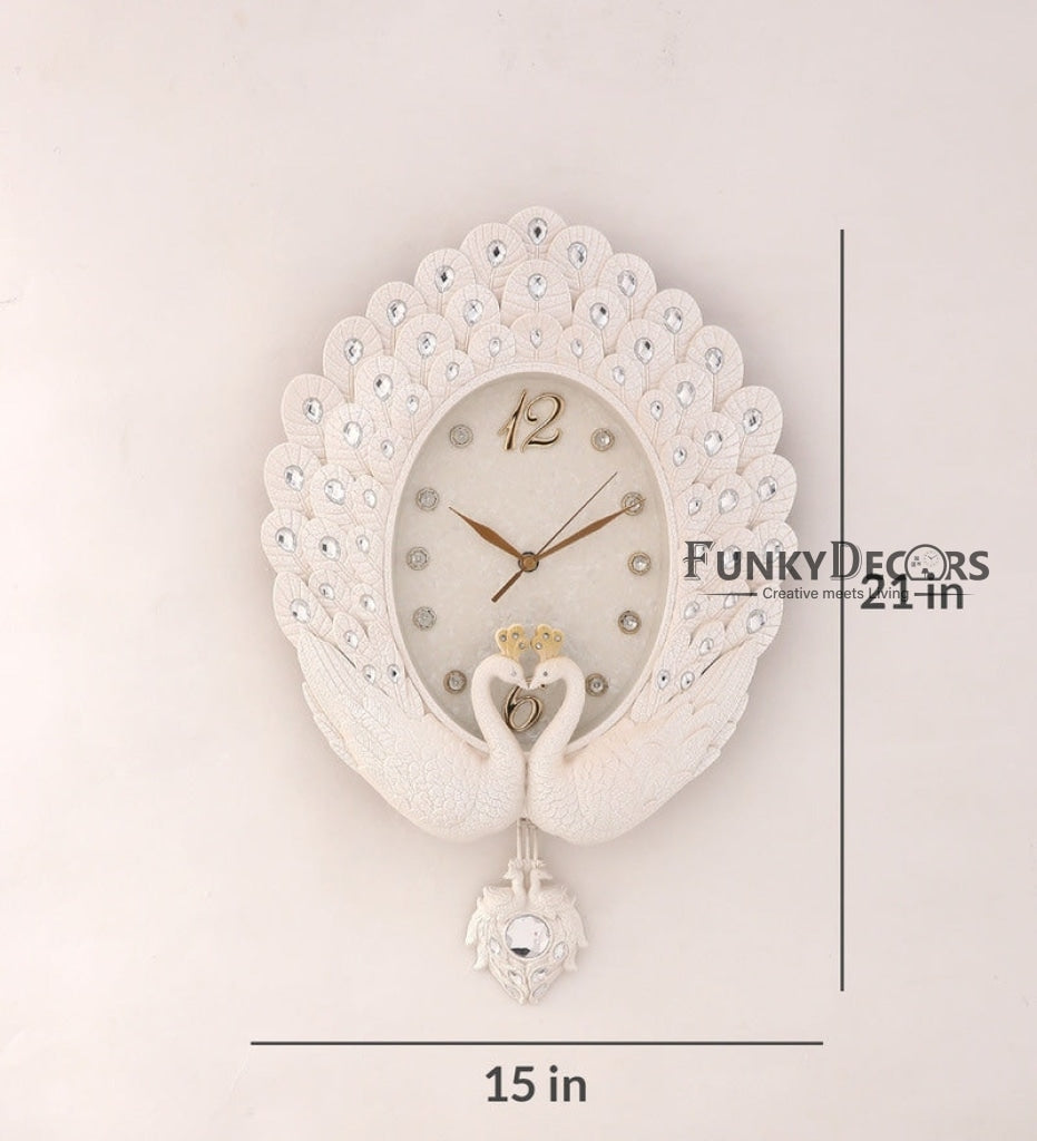 Funkytradition Pearl White Peacock Pendulum Wall Clock Watch Decor For Home Office And Gifts 55 Cm