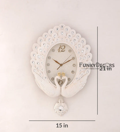 Funkytradition Pearl White Peacock Pendulum Wall Clock Watch Decor For Home Office And Gifts 55 Cm