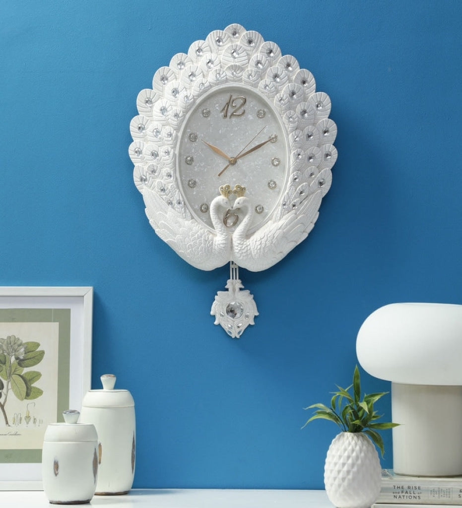 Funkytradition Pearl White Peacock Pendulum Wall Clock Watch Decor For Home Office And Gifts 55 Cm