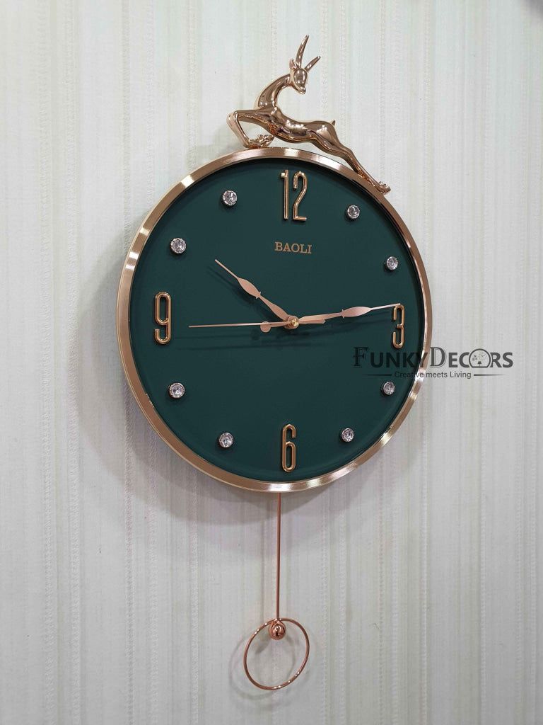 FunkyDecors Rose Gold Multicolor Reindeer Pendulum Wall Clock Decor For Home Office And Gifts 60