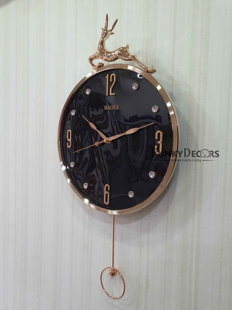 Funkytradition Rose Gold Multicolor Reindeer Pendulum Wall Clock Decor For Home Office And Gifts 60