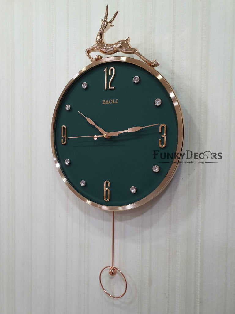 Funkytradition Rose Gold Multicolor Reindeer Pendulum Wall Clock Decor For Home Office And Gifts 60