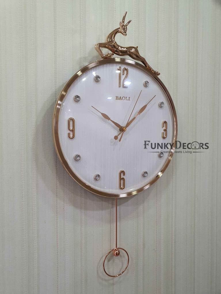 Funkytradition Rose Gold Multicolor Reindeer Pendulum Wall Clock Decor For Home Office And Gifts 60