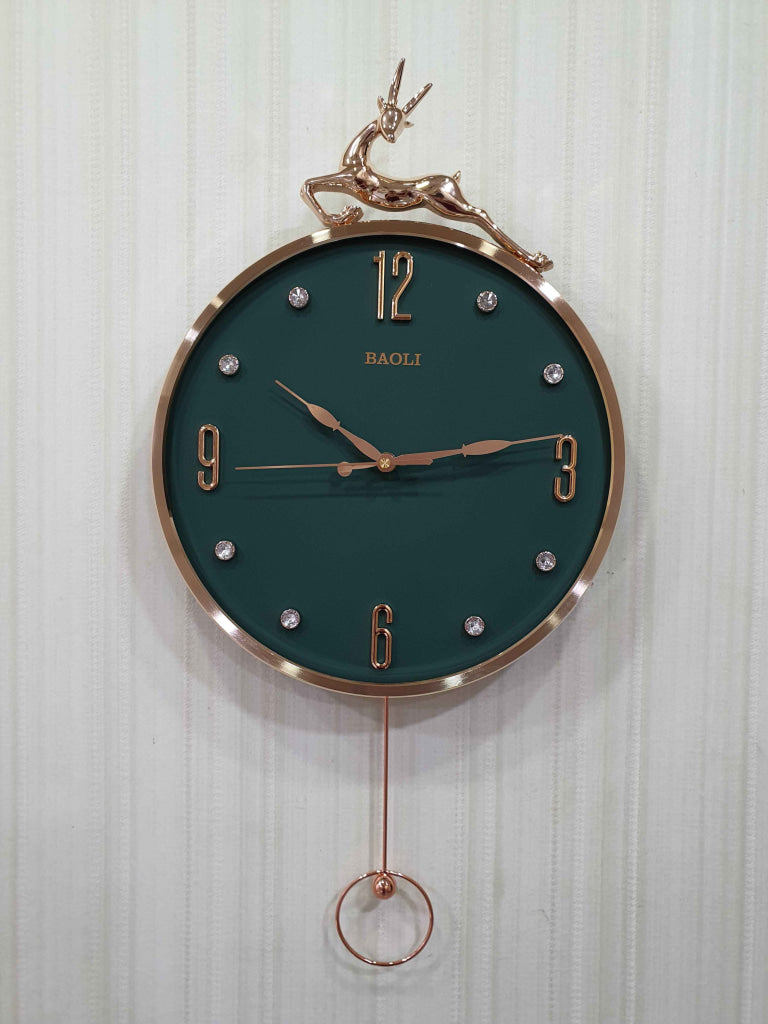 FunkyDecors Rose Gold Multicolor Reindeer Pendulum Wall Clock Decor For Home Office And Gifts 60