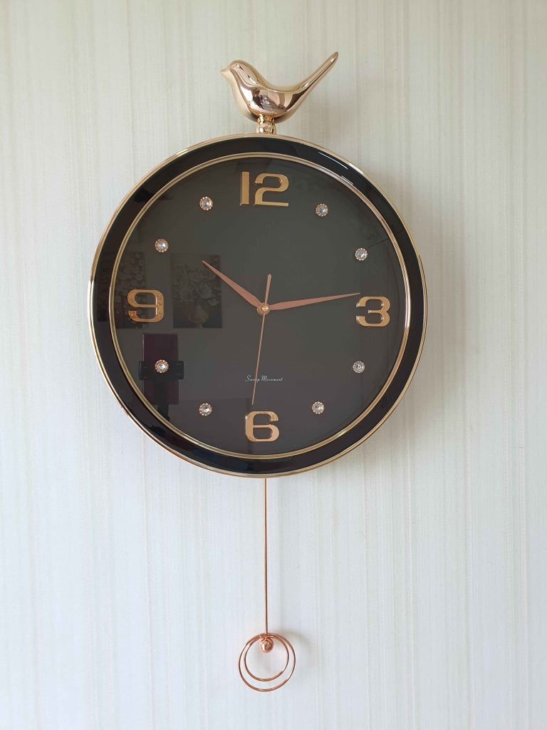 FunkyDecors Rose Gold Multicolor Sparrow Pendulum Wall Clock Decor For Home Office And Gifts 70
