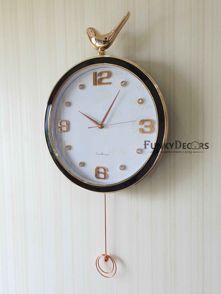 FunkyDecors Rose Gold Multicolor Sparrow Pendulum Wall Clock Decor For Home Office And Gifts 70