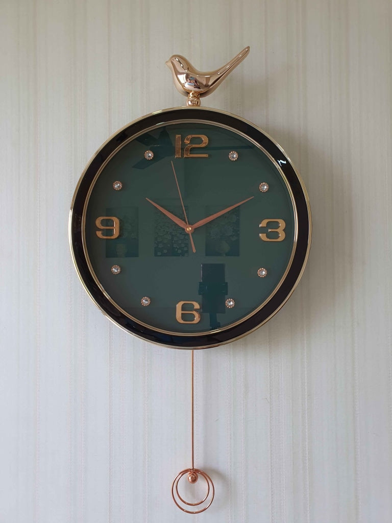 FunkyDecors Rose Gold Multicolor Sparrow Pendulum Wall Clock Decor For Home Office And Gifts 70