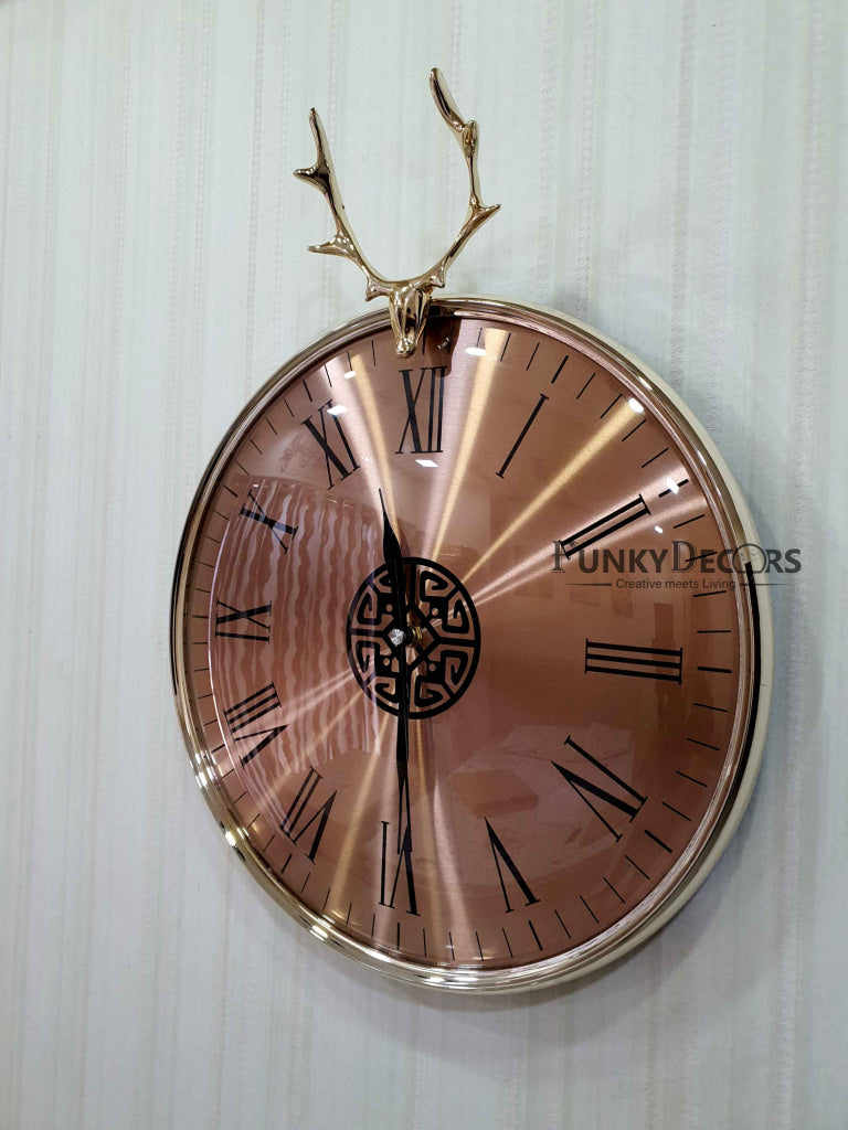 FunkyDecors Rose Gold Reindeer Minimal Wall Clock Watch Decor For Home Office And Gifts 46 Cm