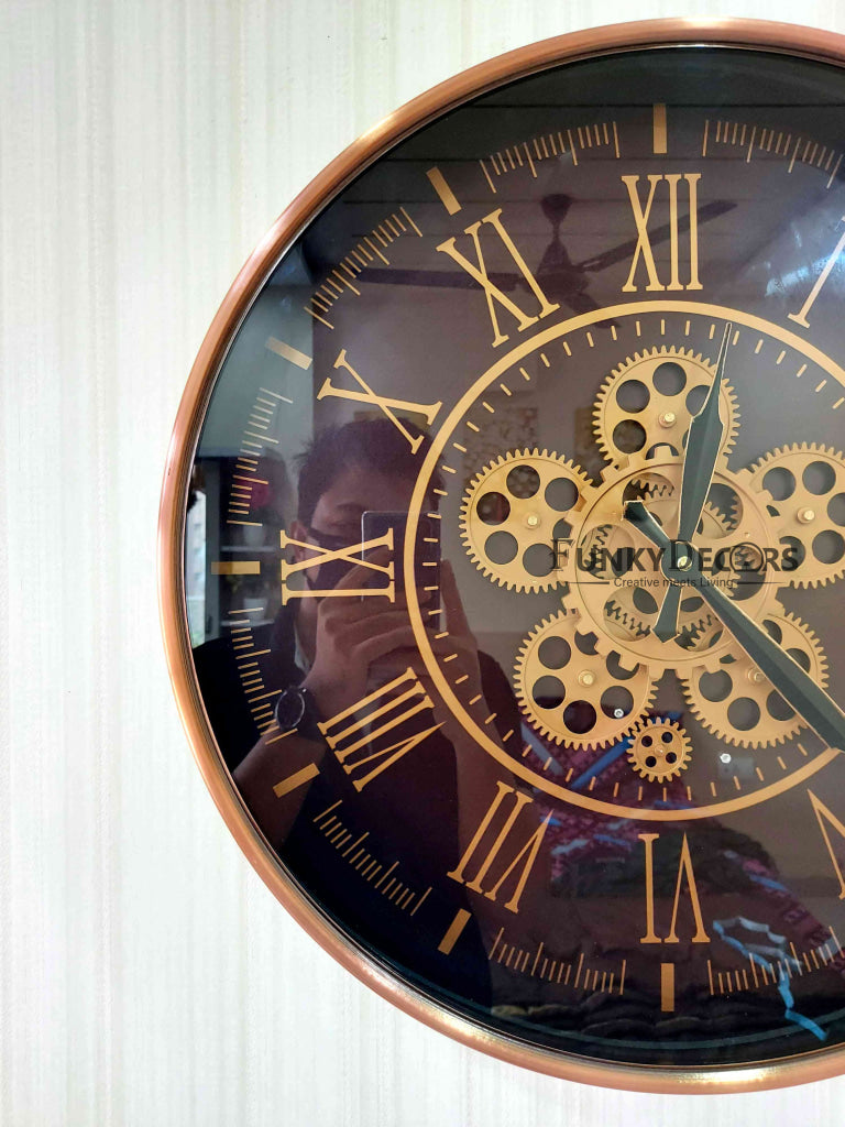 Funkytradition Rose Gold Royal Retro Style Metal Wall Clock With Glass Frame And Moving Gear