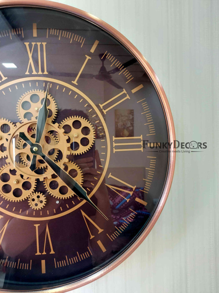 Funkytradition Rose Gold Royal Retro Style Metal Wall Clock With Glass Frame And Moving Gear