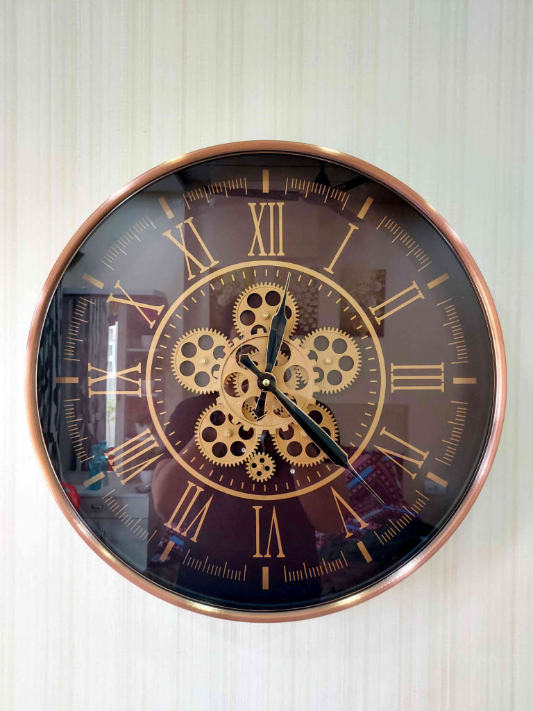Funkytradition Rose Gold Royal Retro Style Metal Wall Clock With Glass Frame And Moving Gear