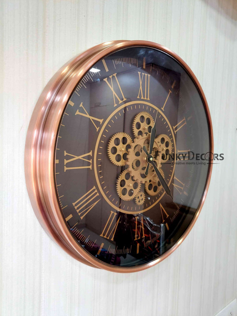 Funkytradition Rose Gold Royal Retro Style Metal Wall Clock With Glass Frame And Moving Gear