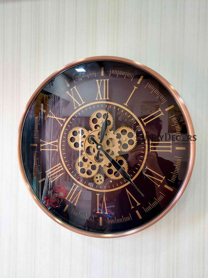 Funkytradition Rose Gold Royal Retro Style Metal Wall Clock With Glass Frame And Moving Gear