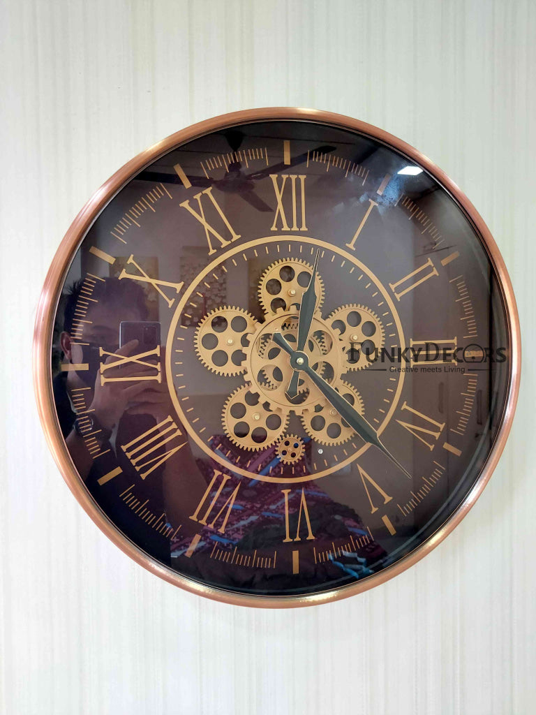 Funkytradition Rose Gold Royal Retro Style Metal Wall Clock With Glass Frame And Moving Gear