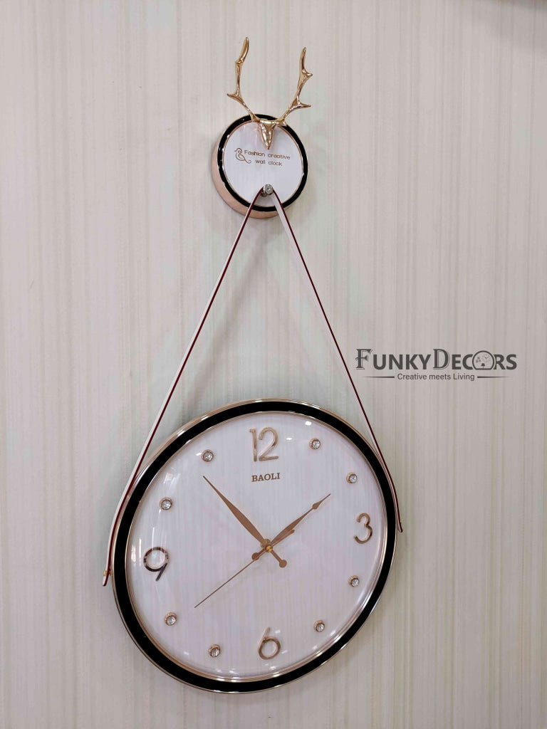 FunkyDecors Rose Gold White Reindeer Hanging Wall Clock Decor For Home Office And Gifts 70 Cm