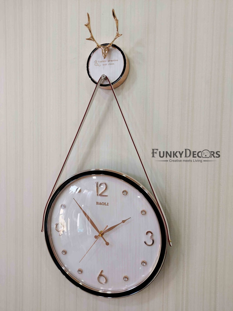 FunkyDecors Rose Gold White Reindeer Hanging Wall Clock Decor For Home Office And Gifts 70 Cm