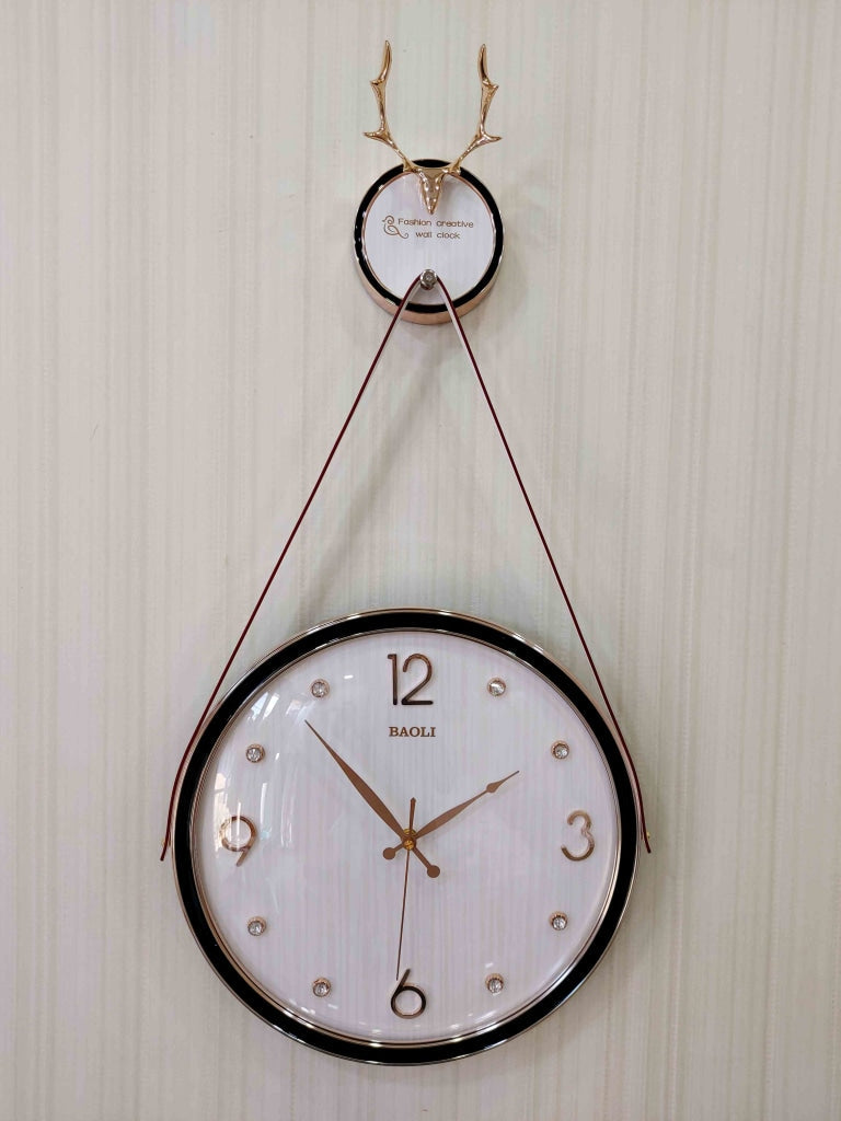 FunkyDecors Rose Gold White Reindeer Hanging Wall Clock Decor For Home Office And Gifts 70 Cm
