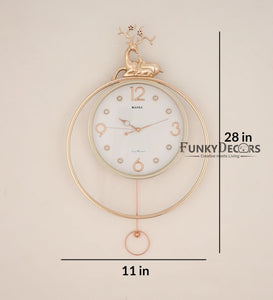 Funkytradition Rose Gold White Reindeer Pendulum Wall Clock Decor For Home Office And Gifts 65 Cm