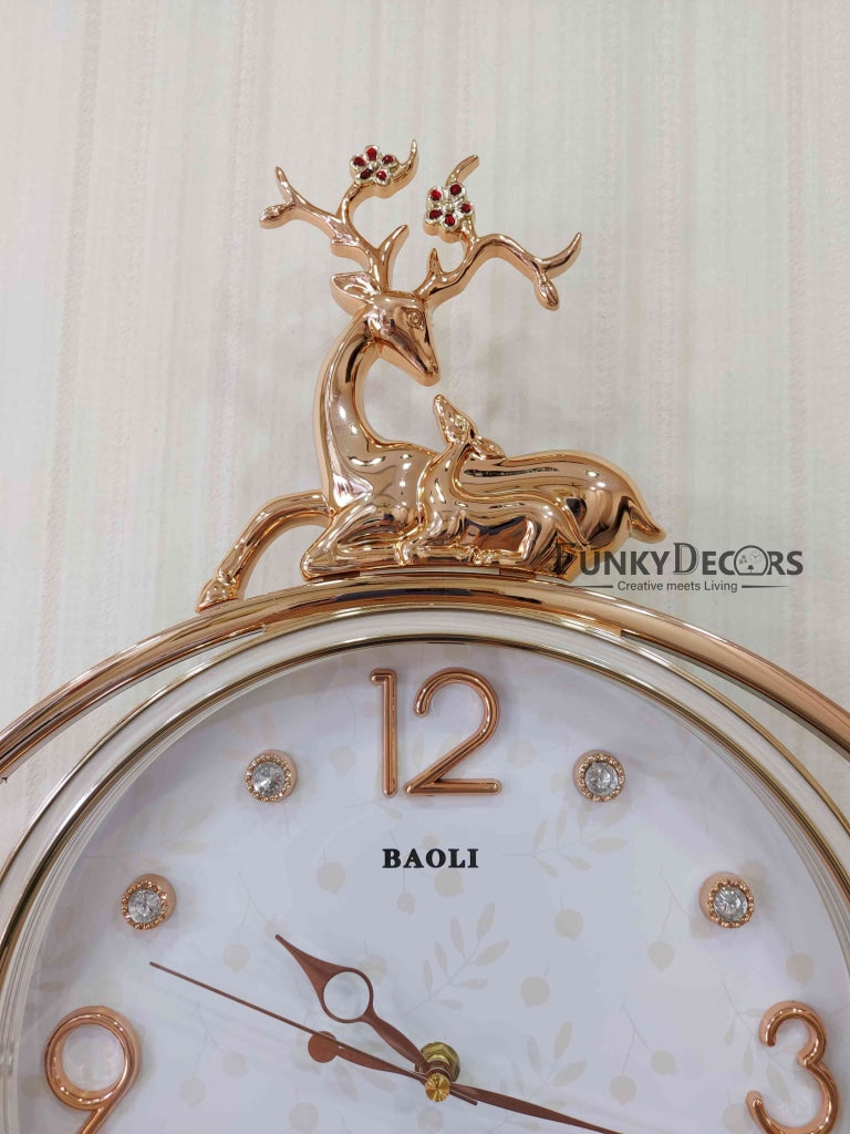 FunkyDecors Rose Gold White Reindeer Pendulum Wall Clock Decor For Home Office And Gifts 65 Cm