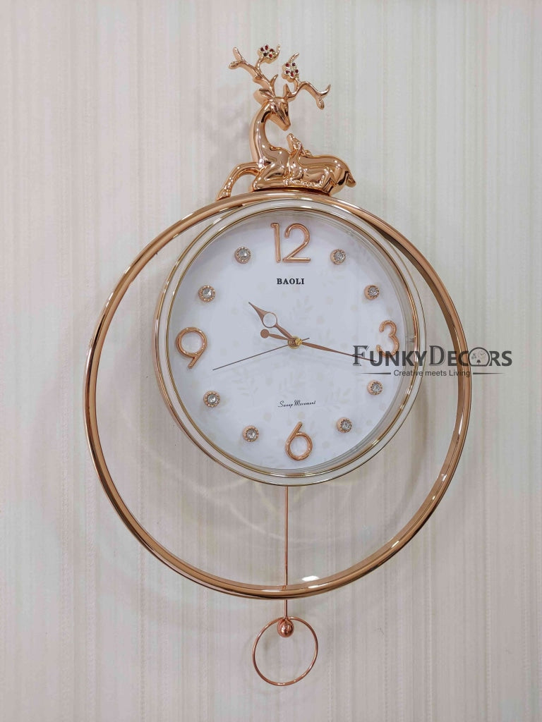 FunkyDecors Rose Gold White Reindeer Pendulum Wall Clock Decor For Home Office And Gifts 65 Cm