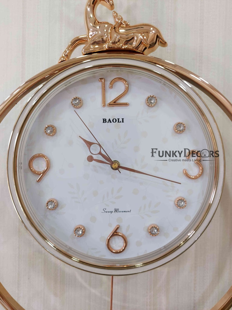 FunkyDecors Rose Gold White Reindeer Pendulum Wall Clock Decor For Home Office And Gifts 65 Cm