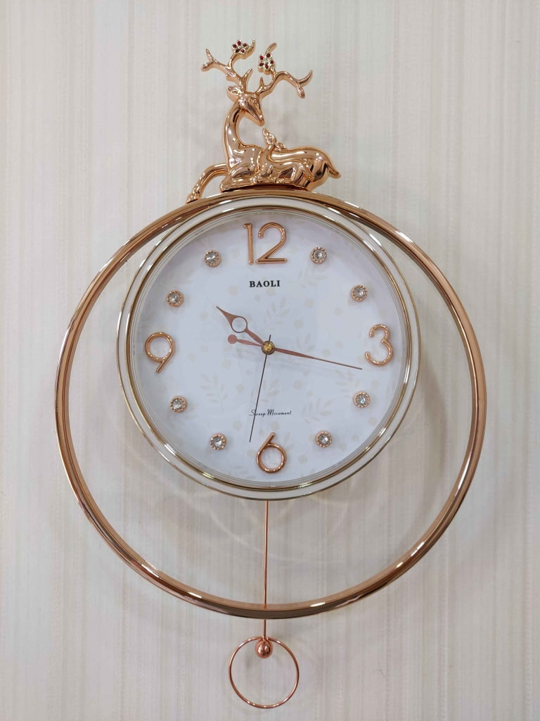 FunkyDecors Rose Gold White Reindeer Pendulum Wall Clock Decor For Home Office And Gifts 65 Cm