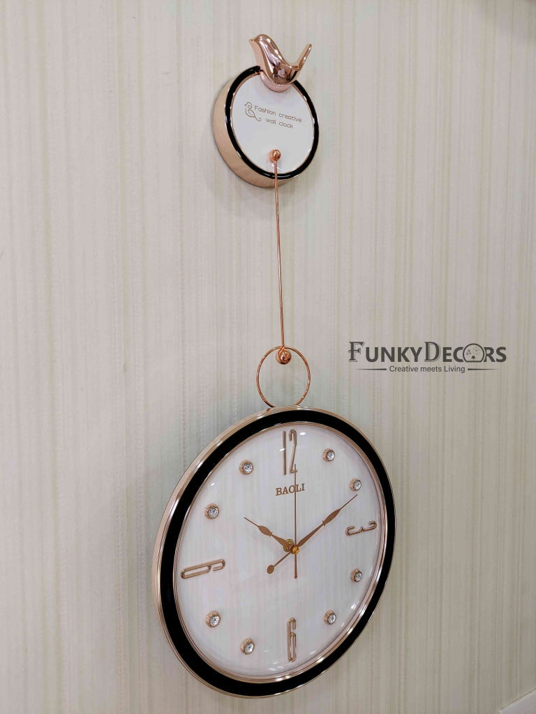 Funkytradition Rose Gold White Sparrow Hanging Wall Clock Decor For Home Office And Gifts 70 Cm Tall