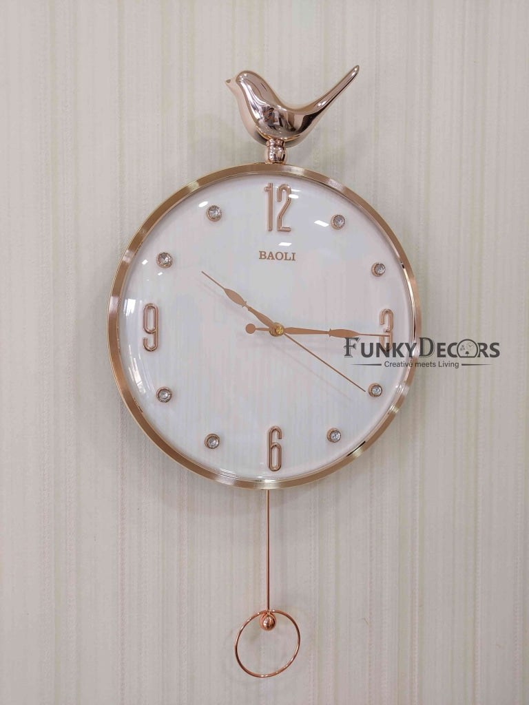 FunkyDecors Rose Gold White Sparrow Pendulum Wall Clock Decor For Home Office And Gifts 60 Cm