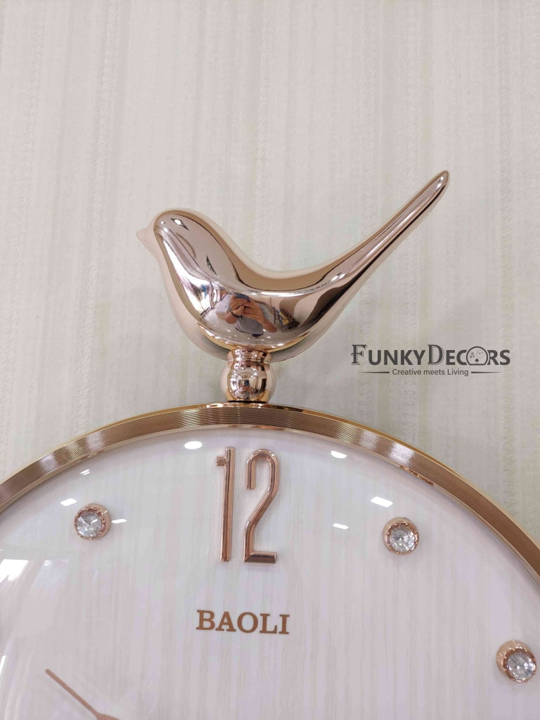 FunkyDecors Rose Gold White Sparrow Pendulum Wall Clock Decor For Home Office And Gifts 60 Cm
