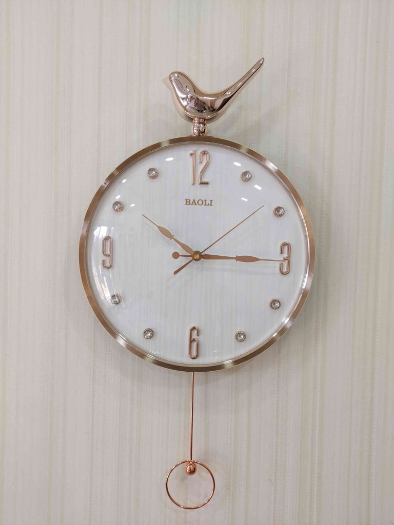 FunkyDecors Rose Gold White Sparrow Pendulum Wall Clock Decor For Home Office And Gifts 60 Cm