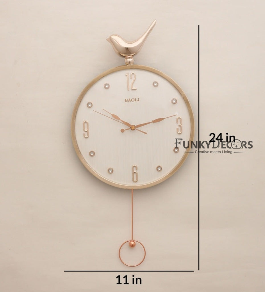 FunkyDecors Rose Gold White Sparrow Pendulum Wall Clock Decor For Home Office And Gifts 60 Cm