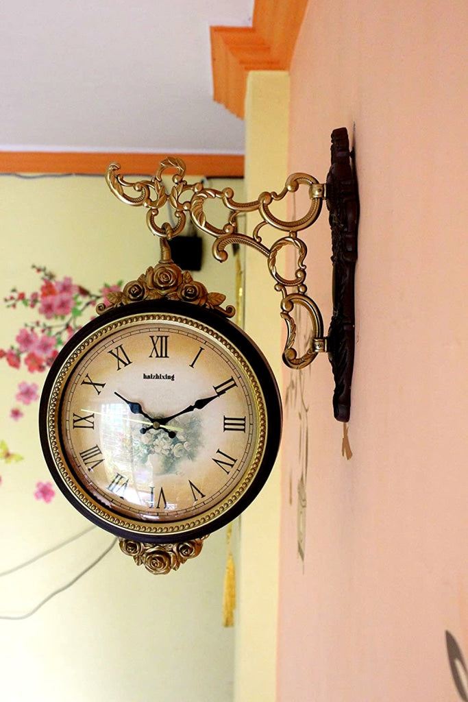 FunkyDecors Royal Antique-Look Brown Round Wall Hanging Double Sided 2 Faces Retro Station Clock