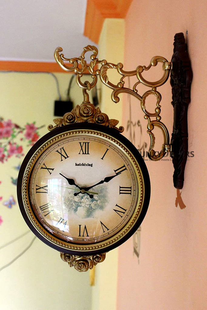 FunkyDecors Royal Antique-Look Brown Round Wall Hanging Double Sided 2 Faces Retro Station Clock