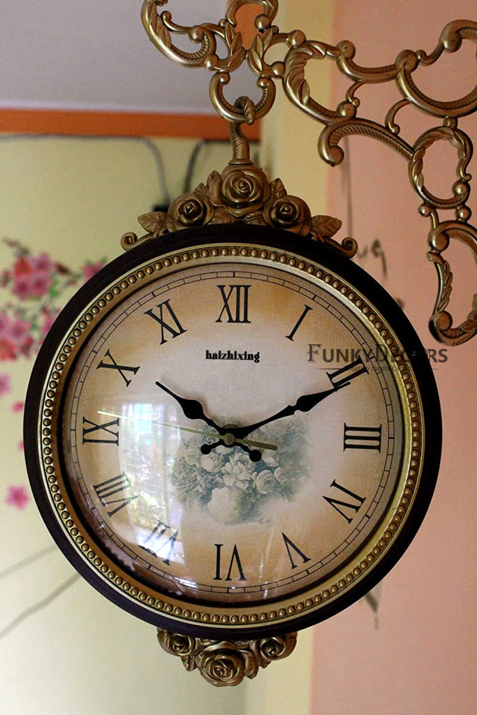 FunkyDecors Royal Antique-Look Brown Round Wall Hanging Double Sided 2 Faces Retro Station Clock