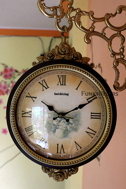 Funkytradition Royal Antique-Look Brown Round Wall Hanging Double Sided 2 Faces Retro Station Clock