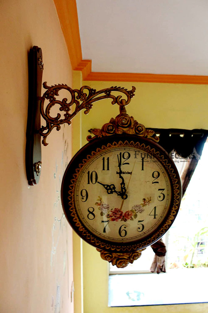 FunkyDecors Royal Antique-Look Brown Round Wall Hanging Double Sided Two Faces Retro Station Home