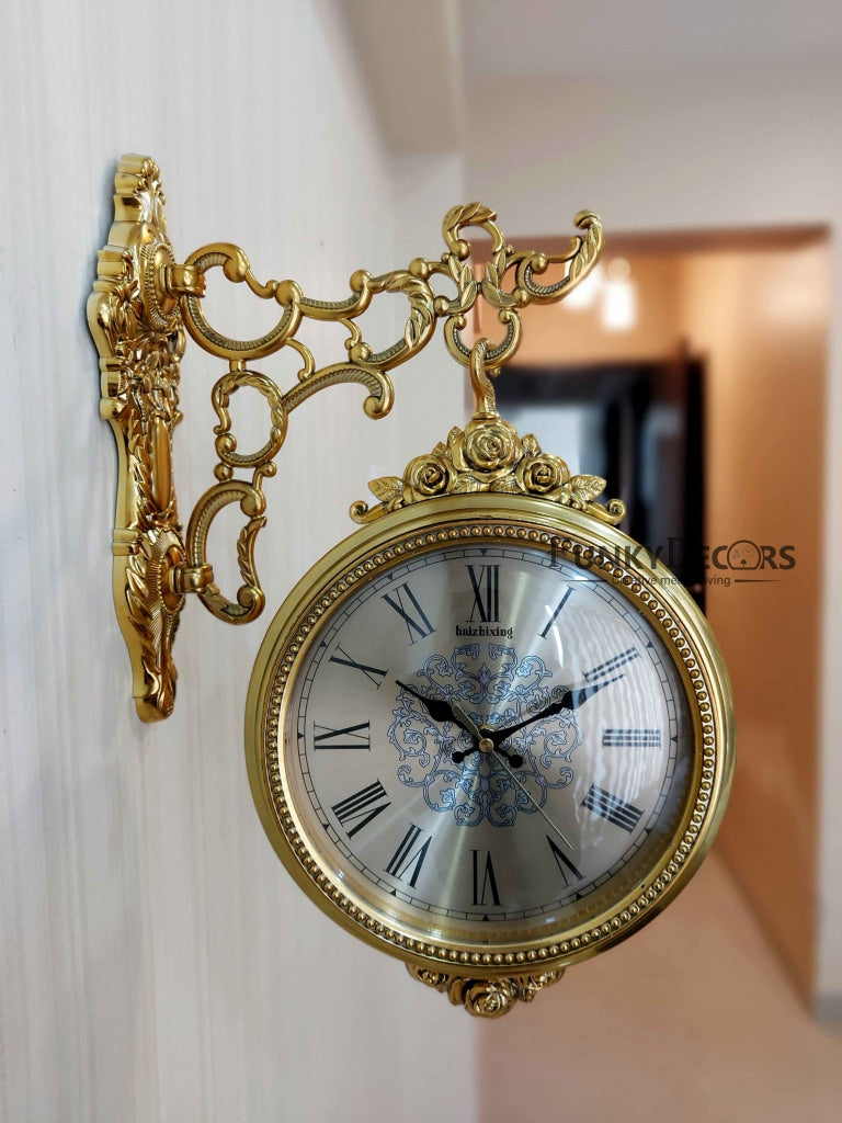 FunkyDecors Royal Antique-Look Gold Round Wall Hanging Double Sided 2 Faces Retro Station Clock