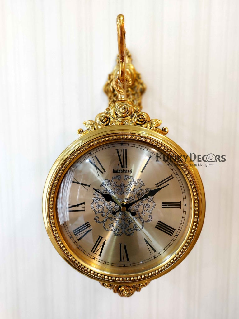 FunkyDecors Royal Antique-Look Gold Round Wall Hanging Double Sided 2 Faces Retro Station Clock