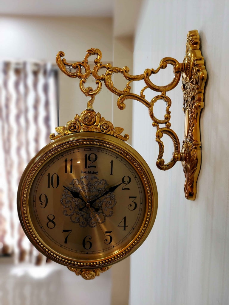 FunkyDecors Royal Antique-Look Gold Round Wall Hanging Double Sided 2 Faces Retro Station Clock