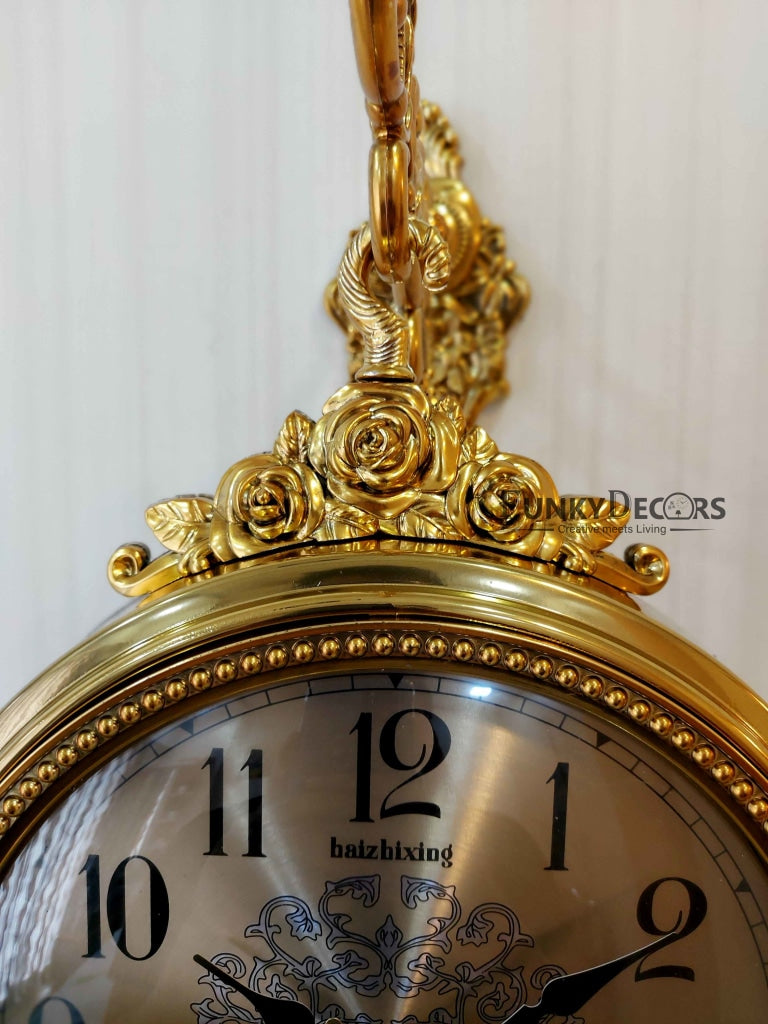 FunkyDecors Royal Antique-Look Gold Round Wall Hanging Double Sided 2 Faces Retro Station Clock