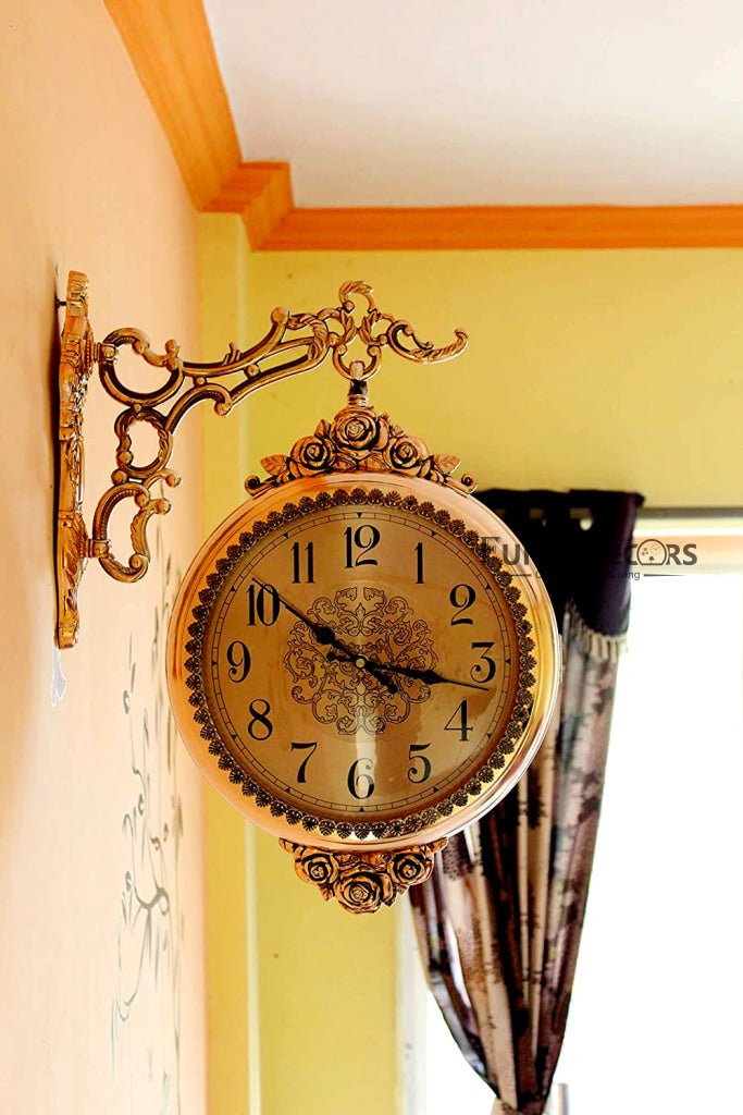 FunkyDecors Royal Antique-Look Golden Round Wall Hanging Double Sided Two Faces Retro Station