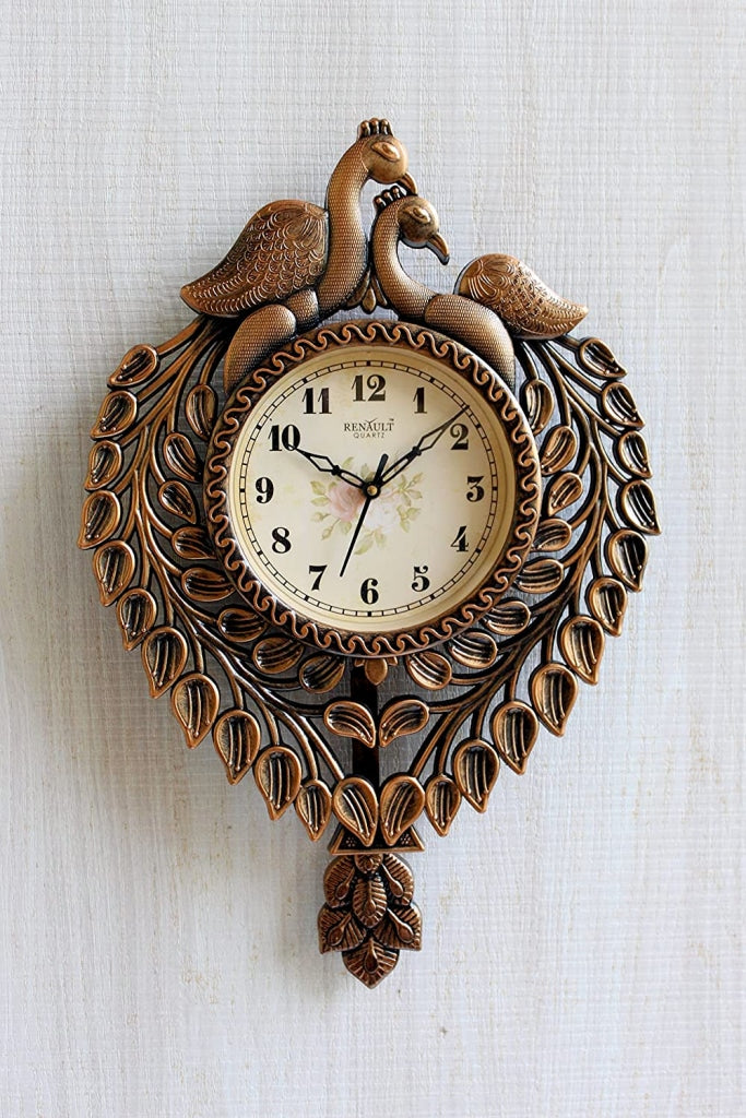 Funkytradition Royal Brown Beautiful Peacock Pendulum Wall Clock Watch Decor For Home Office And