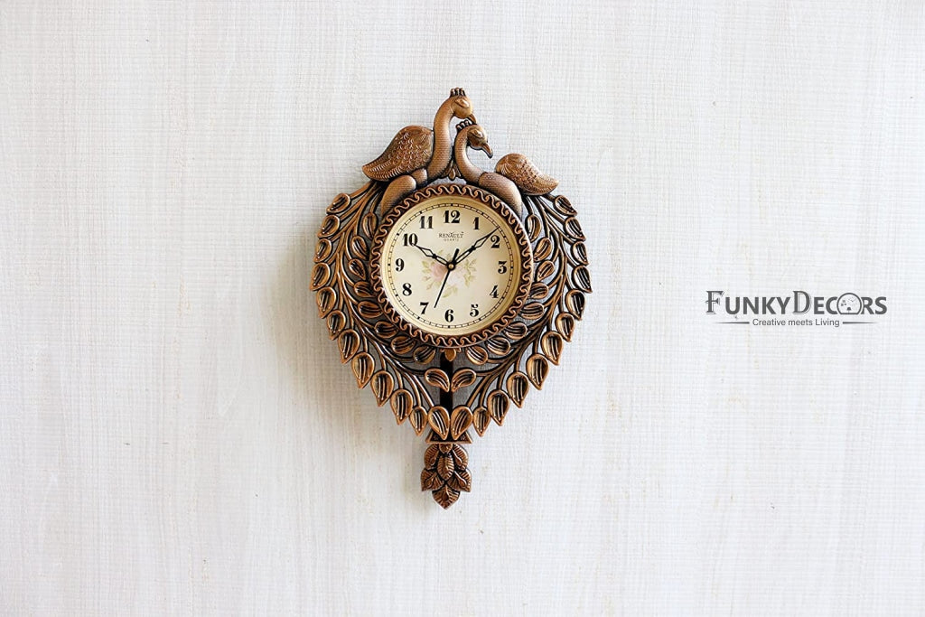 FunkyDecors Royal Brown Beautiful Peacock Pendulum Wall Clock Watch Decor For Home Office And