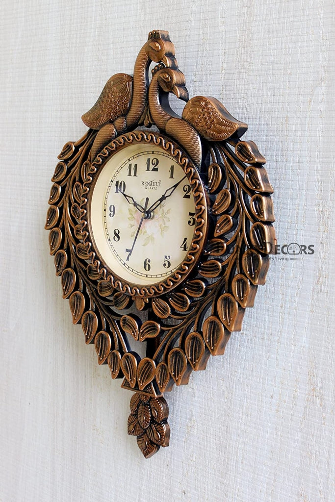 Funkytradition Royal Brown Beautiful Peacock Pendulum Wall Clock Watch Decor For Home Office And