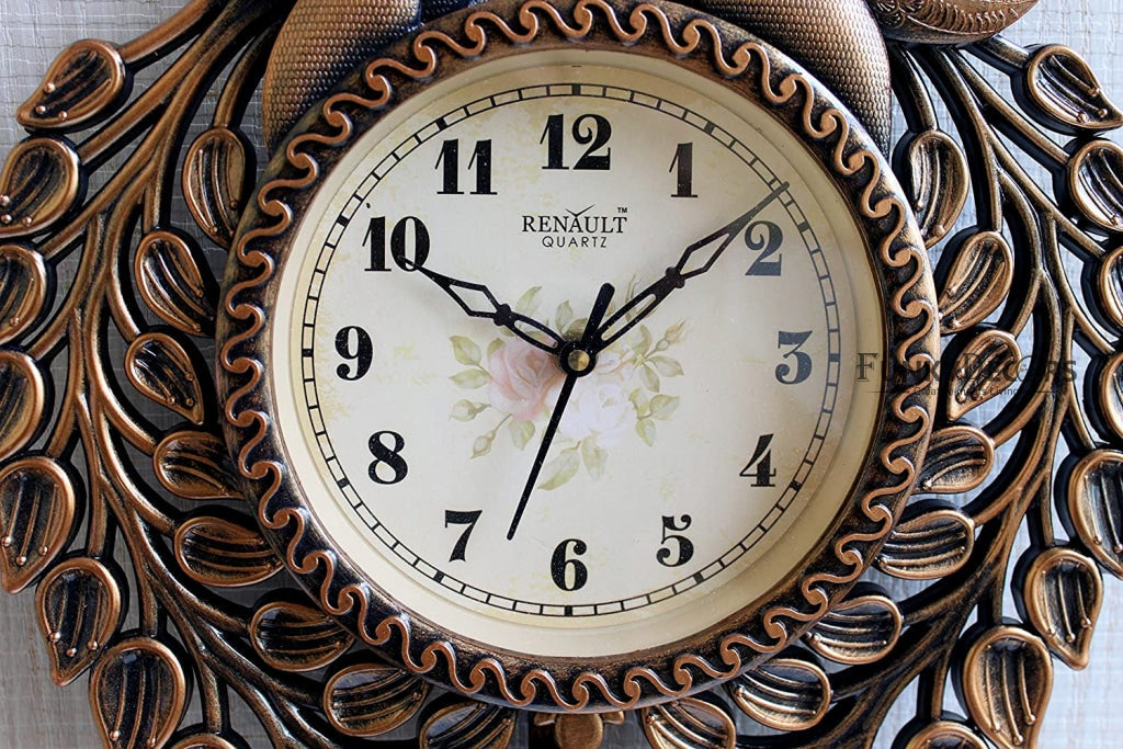 FunkyDecors Royal Brown Beautiful Peacock Pendulum Wall Clock Watch Decor For Home Office And