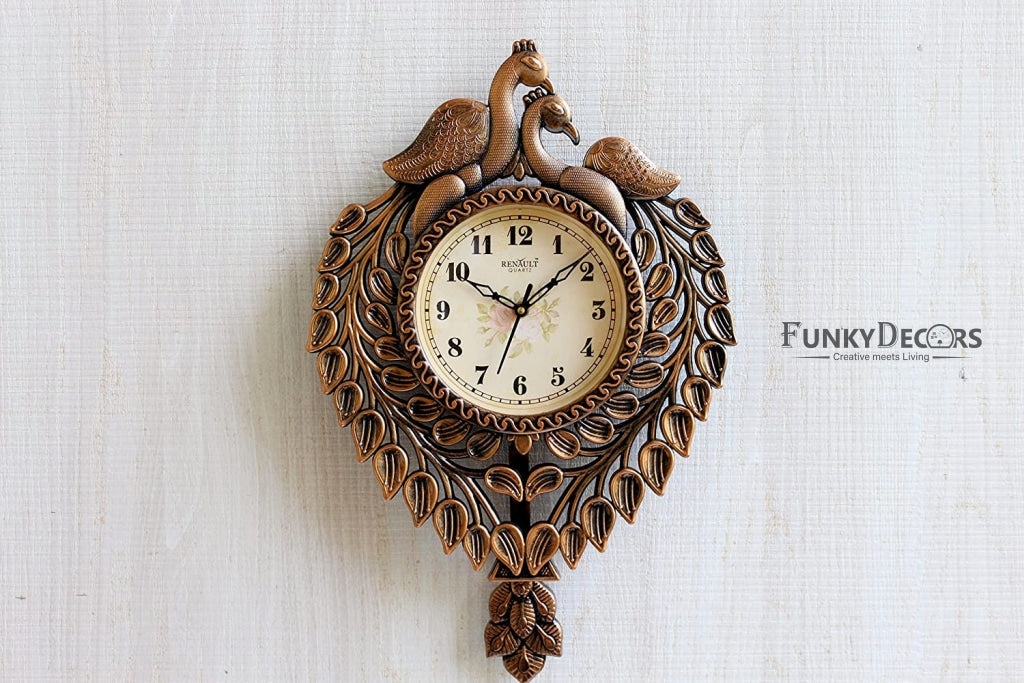 FunkyDecors Royal Brown Beautiful Peacock Pendulum Wall Clock Watch Decor For Home Office And