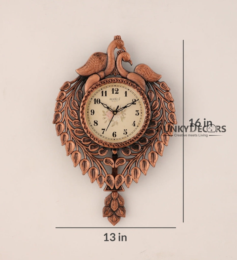 Funkytradition Royal Brown Beautiful Peacock Pendulum Wall Clock Watch Decor For Home Office And