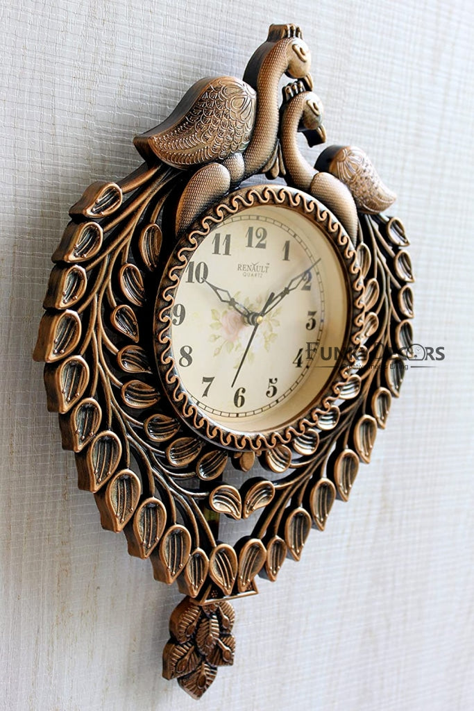 FunkyDecors Royal Brown Beautiful Peacock Pendulum Wall Clock Watch Decor For Home Office And